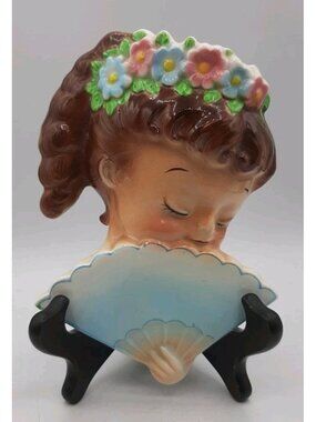 Vintage Anthropomorphic Girl Wall Pocket Cottage Fan Japan Lefton Kitschy MCM